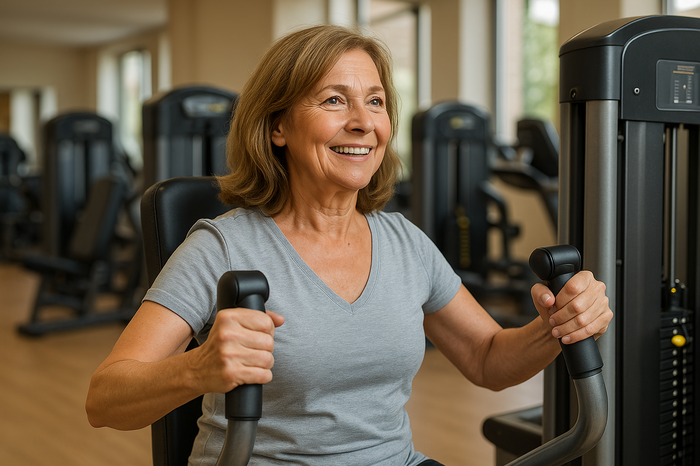 Mittfünfzigerin trainiert an einem modernen Kraftgerät bei Arabella Fitness in München-Bogenhausen gegen Sarkopenie – Teil der Kampagne „Gesundheit braucht Muskeln“