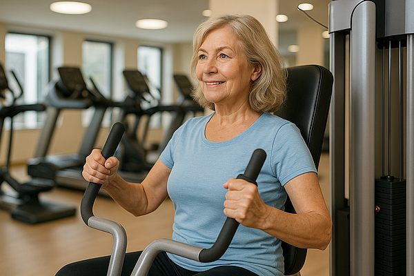 Krafttraining im Fitnessstudio Arabellapark München – modernes Gerätetraining für sichtbare Erfolge Frau trainiert konzentriert an einem modernen Kraftgerät im Fitnessstudio Arabellapark München-Bogenhausen