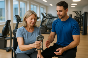 Frau lässt im Arabella Fitness München-Bogenhausen ihre Handgreifkraft von einem Trainer messen – moderner Fitnessbereich im Hintergrund
